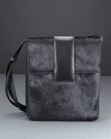 SERGIO ROSSI Borsetta a tracolla in cavallino nero e pelle rifinita con...