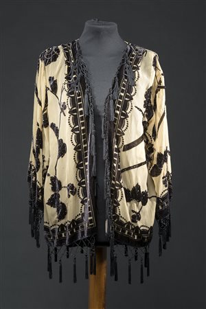 JAY LEYCamicetta aperta in tulle beige e velluto dévoré con nappe e cristali jet