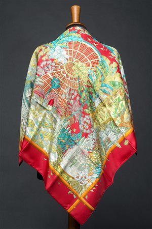 HERMESFoulard in seta "Jardin d'Hiver", Annie Faivre 2007, nei toni del verde...