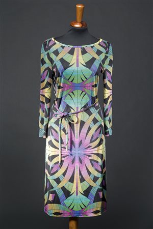 EMILIO PUCCI Vestito in maglina di seta a maniche lunghe con disegno optical...