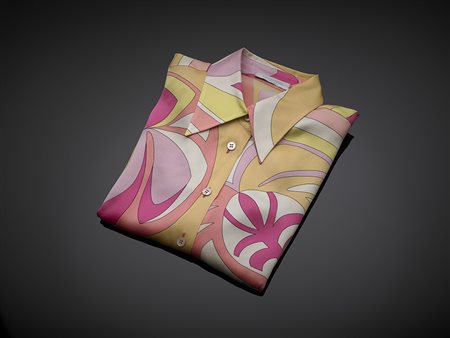 EMILIO PUCCI Camicia in seta sui toni del rosa, giallo, fucsia e bianco (tg. 40)