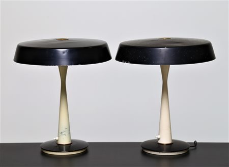 SCIOLARI GAETANO Coppia di lampade da tavolo in metallo laccato ottone e...