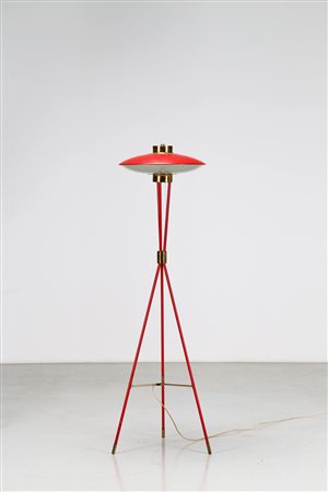 STILNOVO Lampada da terra in metallo laccato, ottone e vetro opalino, anni...