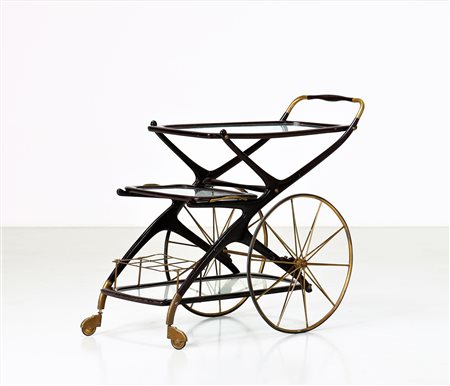 LACCA CESARE Carrello portavivande in legno ebanizzato, ottone e vetro, anni...
