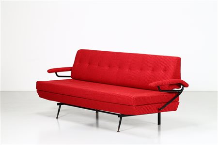 MANIFATTURA ITALIANA Divano letto in metallo laccato e tessuto, anni 60. -....