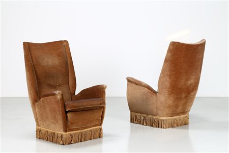 ISA BERGAMO Coppia di poltrone in legno e tessuto originale, anni 50. -. Cm...