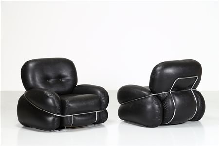 PIAZZESI ADRIANO Coppia di poltrone in metallo cromato e sky, mod. Okay per...