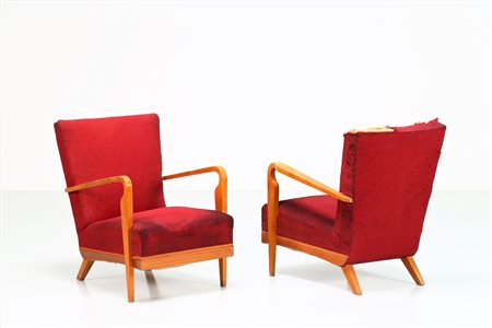 MANIFATTURA ITALIANA Coppia di poltrone in acero e tessuto originale, anni 50...