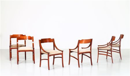 CAVATORTA SILVIO Sei poltroncine in frassino e tessuto, anni 50. -. Cm 50,00...