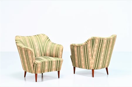 PONTI GIO' (1891 - 1979) Coppia di poltrone in legno e tessuto, per casa e...