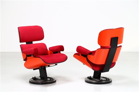 [Nessun Autore] Coppia di poltrone in legno curvato, metallo e tessuto,...