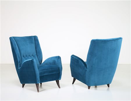 ISA BERGAMO Coppia di poltrone in legno e tessuto, anni 50. -. Cm 70,00 x...