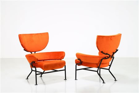 ALBINI FRANCO (1905 - 1977) Coppia di poltrone in metallo laccato e tessuto,...