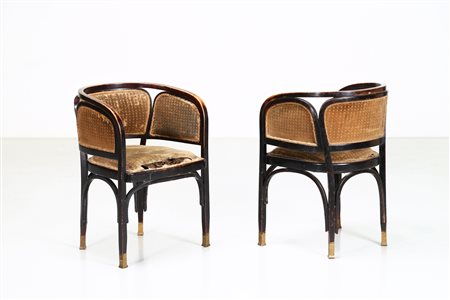 SIEGEL GUSTAV (1880 - 1970) Coppia di poltroncine in legno, ottone e tessuto...