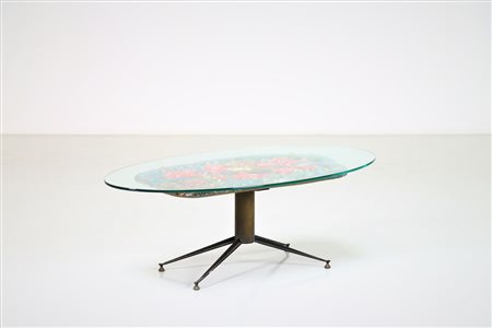 STIL KERAMOS Tavolino da salotto in metallo, ottone, ceramica e paiano in...