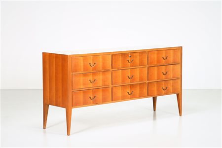 MANIFATTURA ITALIANA Cassettiera in legno ottone e piano in cristallo, anni...