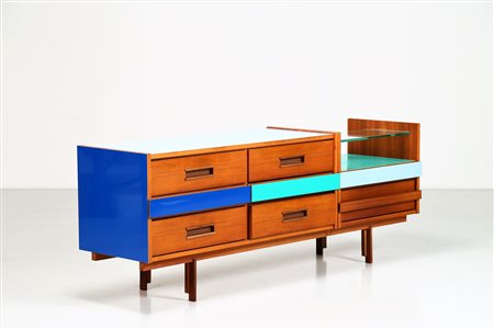 MANIFATTURA ITALIANA Mobile a cassetti in legno formica e piani in vetro,...