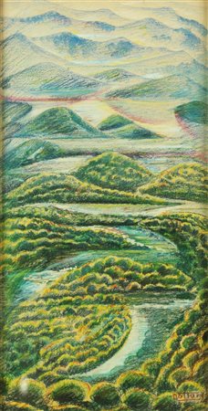 DOTTORI GERARDO (1884 - 1977) Colli e fiumi. 1935. Tempera su cartone. Cm...