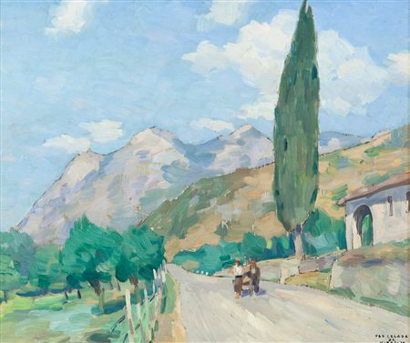 UGO CELADA (1895-1995) Senza titolo (Stradina con viandanti)olio su tavola cm...