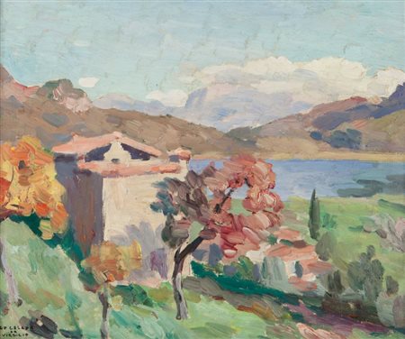 UGO CELADA (1895-1995) Senza titolo (Lago)olio su tavola cm 77x89,5firmato in...