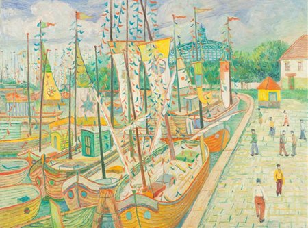 BURATTI ARMANDO (1924-2018) Bragozzi a Riva, novembre 1950olio su tela cm...