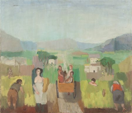 TROSO FERNANDO (1910-1990) Paesaggio 1948olio su tela cm 60,5x70firmato in...
