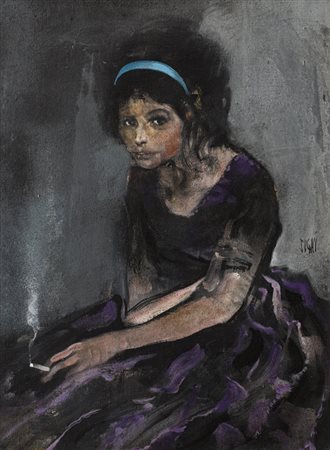 ALBERTO SUGHI (1928-2012)Ragazza con sigarettaOlio su telacm 80x70Firma al...