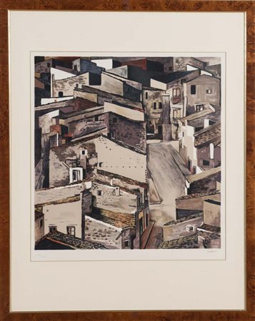 Renato Guttuso (Bagheria 1911 – Roma 1987), “Tetti”. Litografia a colori su...