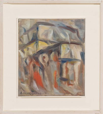 Angelo Caviglioni (Bologna 1887 – 1977), “Dinamismo in città”. Olio su tela,...