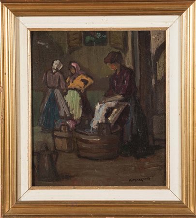 Anacleto Margotti (Lugo 1896 – Imola 1984), “Le Lavandaie”. Olio su tavola,...