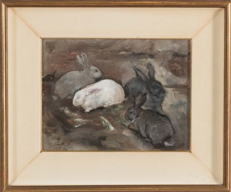 Bruno Saetti (Bologna 1902 – 1984), “Conigli”, 1930. Olio su cartone, firmato...