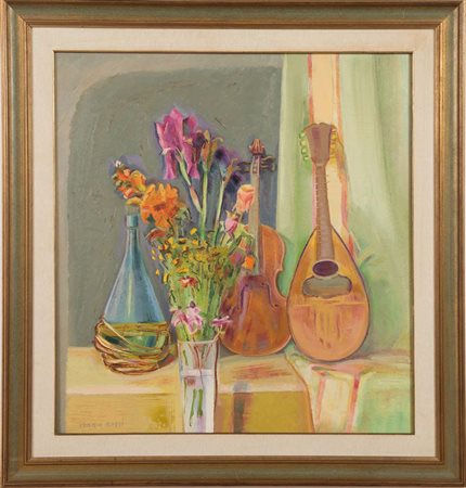 Ilario Rossi (Bologna 1911 – Bologna 1994), “Natura morta con fiori liuto e...