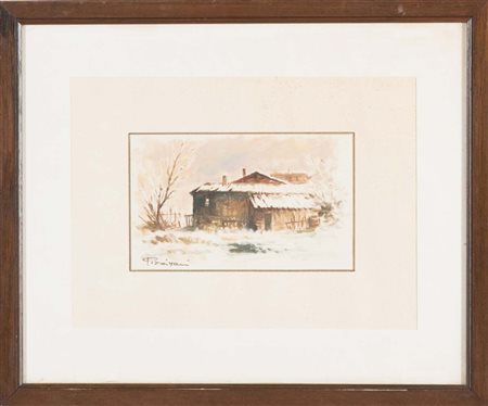 Pizzirani (XX sec.), “Paesaggio innevato”. Acquerello su carta, firmato in...