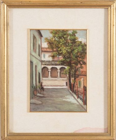 Antonio Roli (Bologna 1903 – 1976), “La casa dagli archi”. Olio su cartone,...