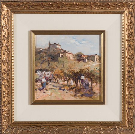 Osvaldo Curandai (Firenze 1931 - ?), “La Vendemmia”. Olio su tavola, firmato...