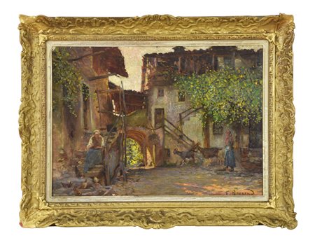 Reycend Enrico (attribuito a) CORTILE olio su cartone, cm 47x67 sul fronte:...