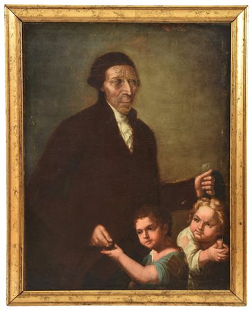 Anonimo secolo XVIII Gentiluomo con bimbi olio su tela, cm 100x75 restauri...