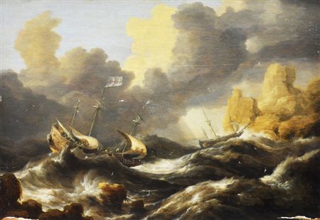 Bonaventura Peters MARE BURRASCOSO CON VASCELLI PERICOLANTI olio su tavola,...