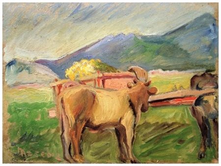 SANTI MACCHIA Pisa 1884 – Pisa 1964 Campo con vitelli Olio su cartone 20 x...