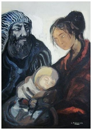 LORENZO D’ANDREA Lucca 1943 Sacra famiglia Olio su tela 50 x 35. Firma in b....