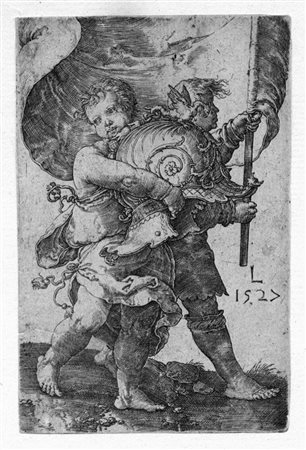 Lucas Van Leyden GRUPPO DI 4 INCISIONI Due giovani con un elmetto e uno...