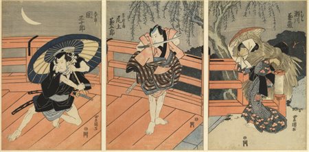 Utagawa Toyokuni TRE ATTORI SU UN PONTE IN UNA SCENA NOTTURNA Tecnica:...