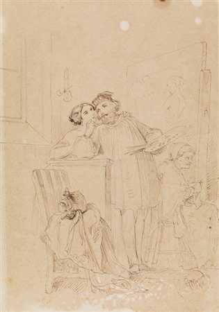 Giuseppe Moricci ARTISTA, MODELLA E ANZIANA SIGNORA NELL’ATELIER Penna e...