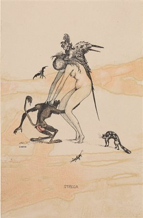 Alberto Martini STREGA. 1915 Litografia colorata a pastello. mm 140x105....