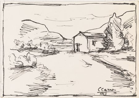 Carlo Carrà PAESAGGIO Penna nera su carta avorio pesante. mm 176x252. Firmato...