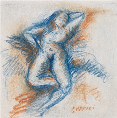 Ardengo Soffici NUDO FEMMINILE DISTESO Matita blu e ocra su cartoncino. mm...