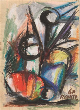 Primo Conti COMPOSIZIONE ASTRATTA Pastello policromo su carta di quaderno a...