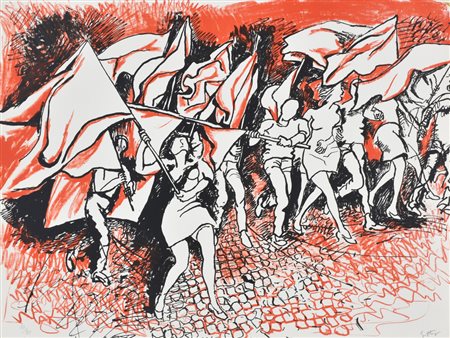 Renato Guttuso La gioventù con bandiere litografia su carta, cm 47,5x62,5...