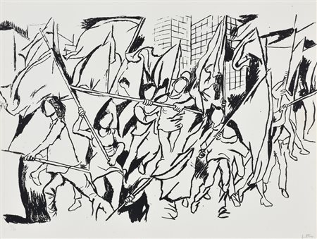 Renato Guttuso La gioventù con bandiere litografia su carta, cm 47,5x62,5...