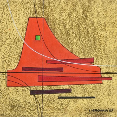 Luigi Veronesi Composizione tecnica mista su foglia d'oro, cm 15x15 sul...